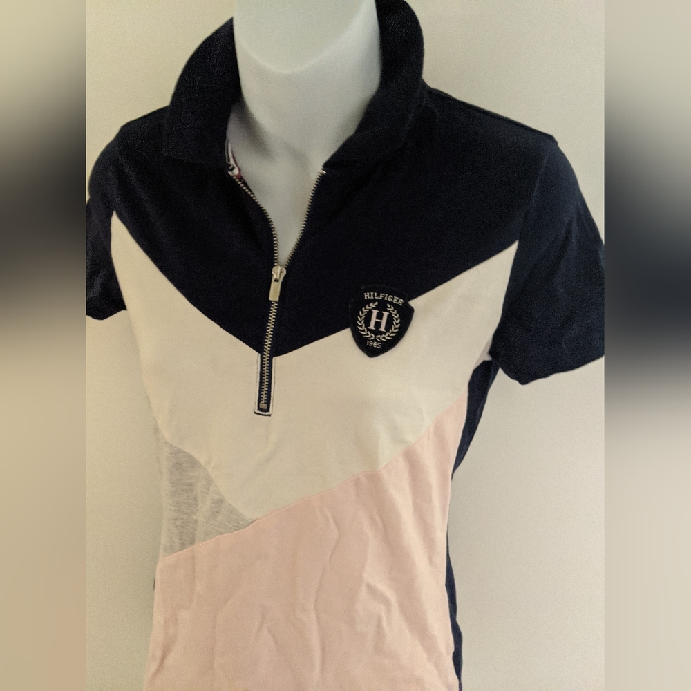 Tommy Hilfiger Colourblock pink navy grey white Zipper Polo Golf Tee Logo Patch